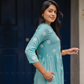 Fog Blue with Mist Pleats printed Viscose A-line Dress