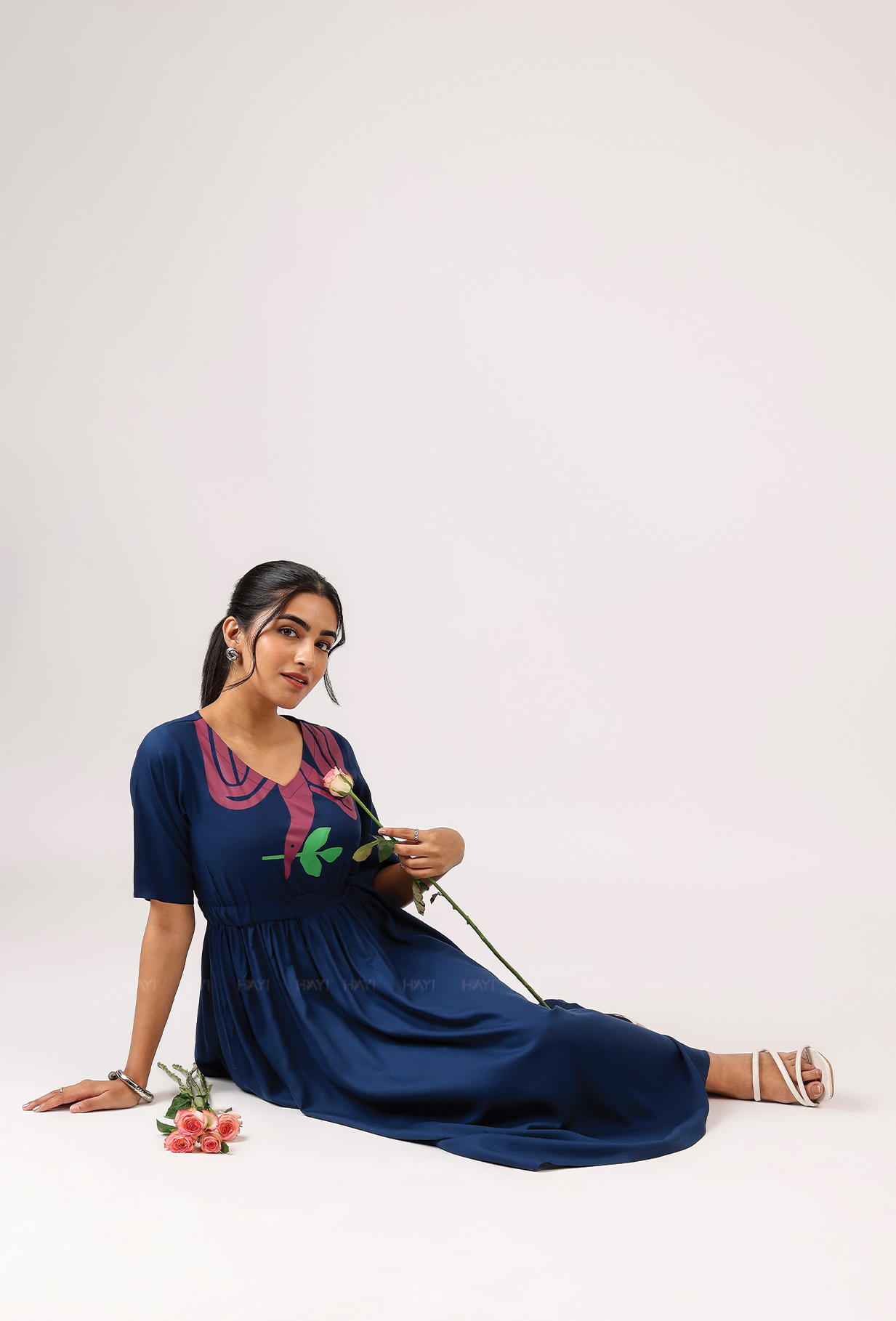 Dark Navy with Breeze 'o' Feathers printed Viscose Dress