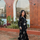 Fogblush Black Cotton Blend Co-ord with V-Neck & Light Puff Sleeves
