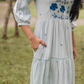 Frost bloom Blue Viscose Dress with Delicate Floral Print