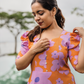 Orange Floral Flair Viscose Dress with Sweetheart Neckline