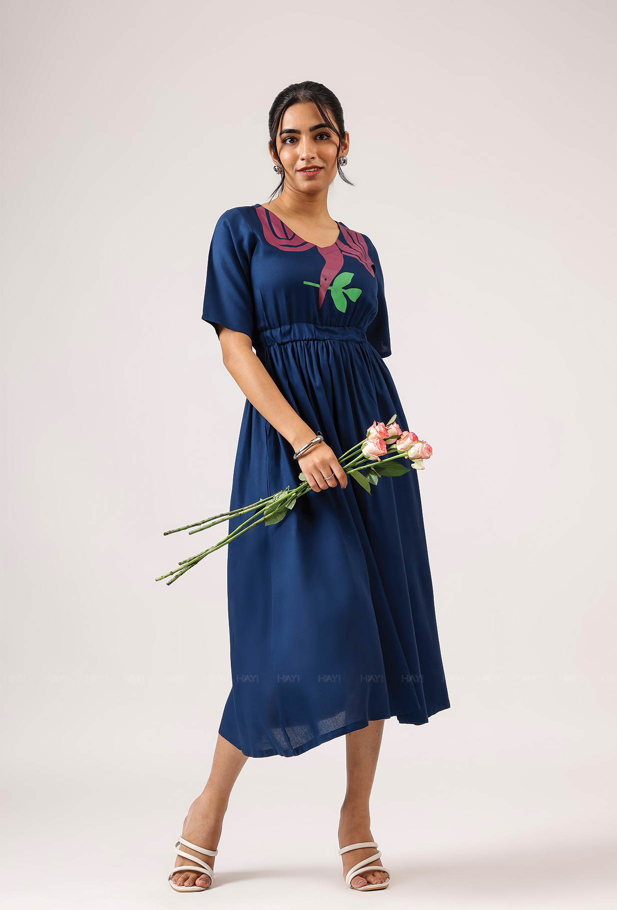 Dark Navy with Breeze 'o' Feathers printed Viscose Dress