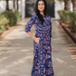 Geometric Whispers Blue Viscose Dress with Keyhole