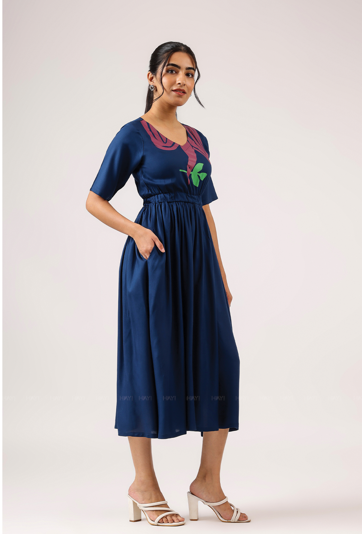 Dark Navy with Breeze 'o' Feathers printed Viscose Dress