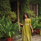Sage Drape Green Handloom Dress with Sweetheart Neck & Leg-O-Mutton Sleeves