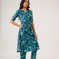 Cyan Teal Blue with Turquoise Petals printed Linen Blend Co ord set