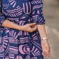 Geometric Whispers Blue Viscose Dress with Keyhole