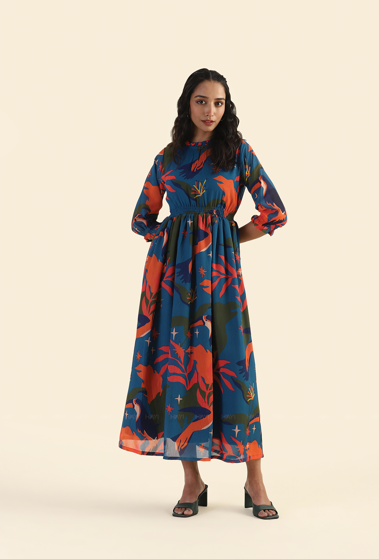 Jungle Blue Fluttering Wings Lux Georgette Printed Dress