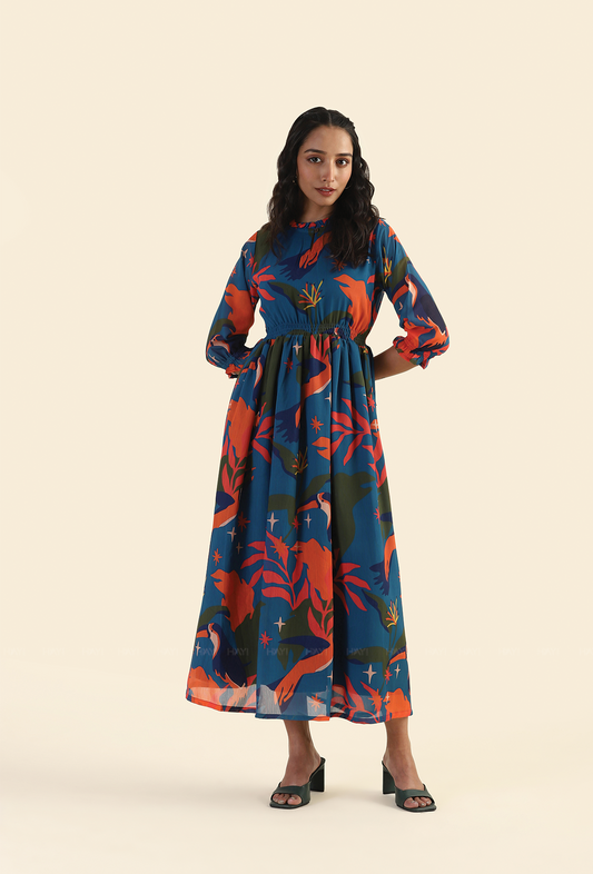 Jungle Blue Fluttering Wings Lux Georgette Printed Dress