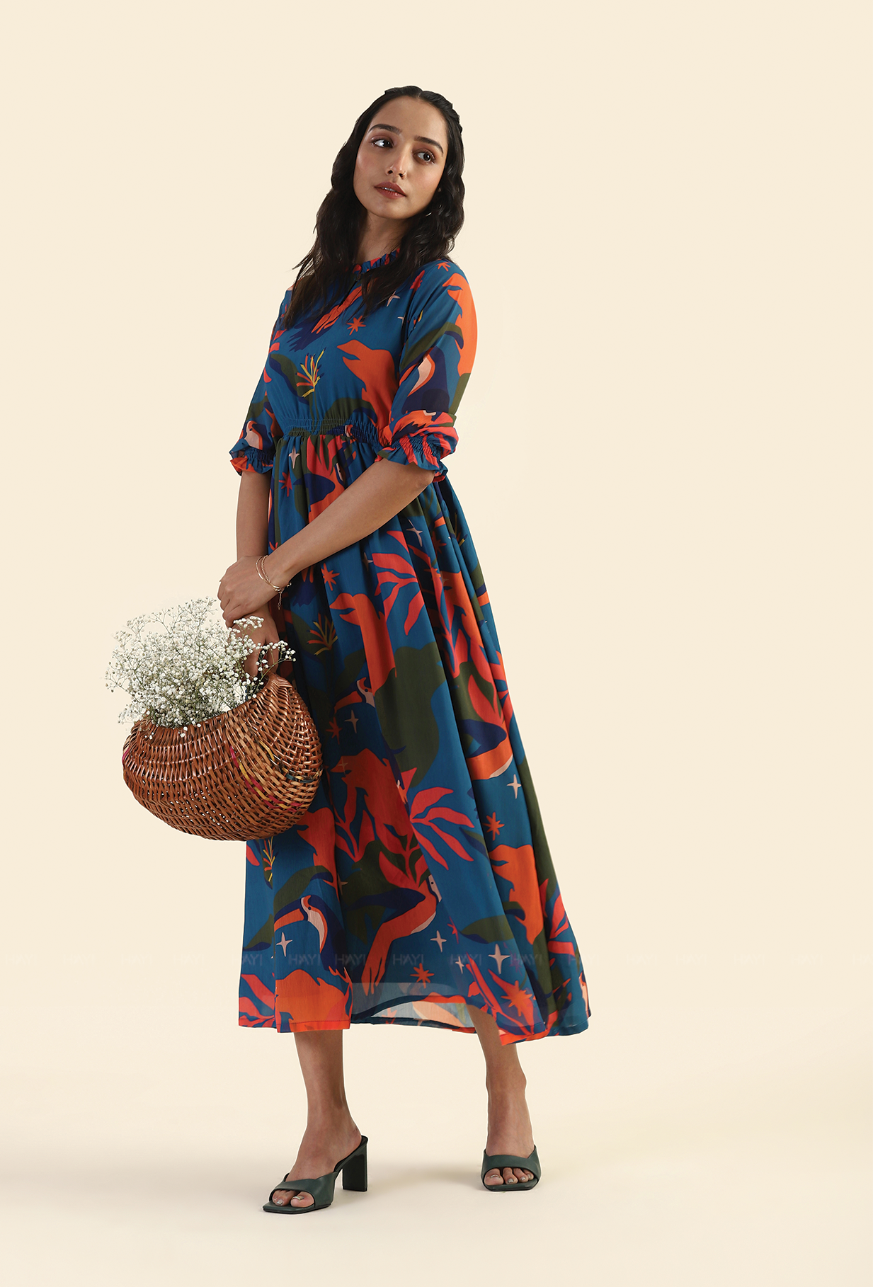 Jungle Blue Fluttering Wings Lux Georgette Printed Dress