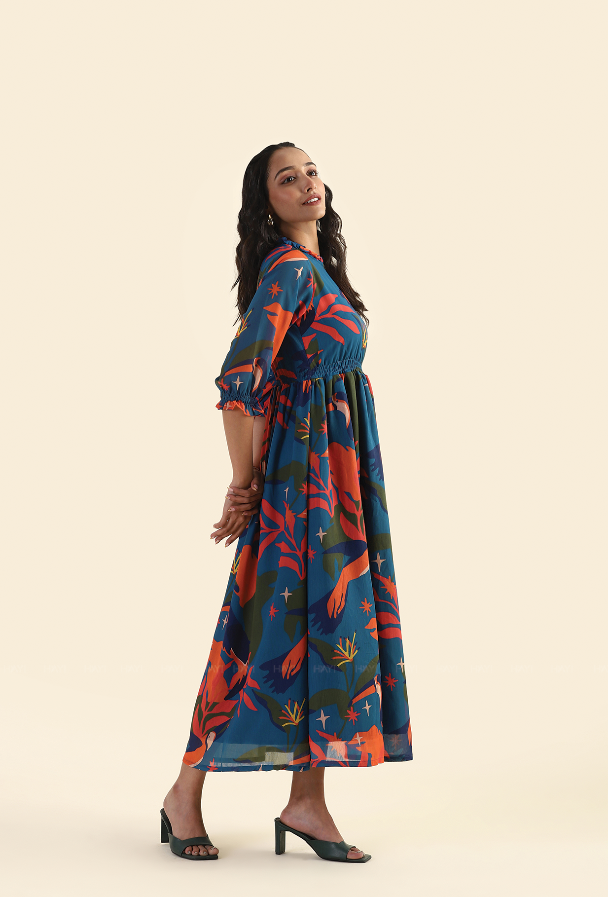 Jungle Blue Fluttering Wings Lux Georgette Printed Dress
