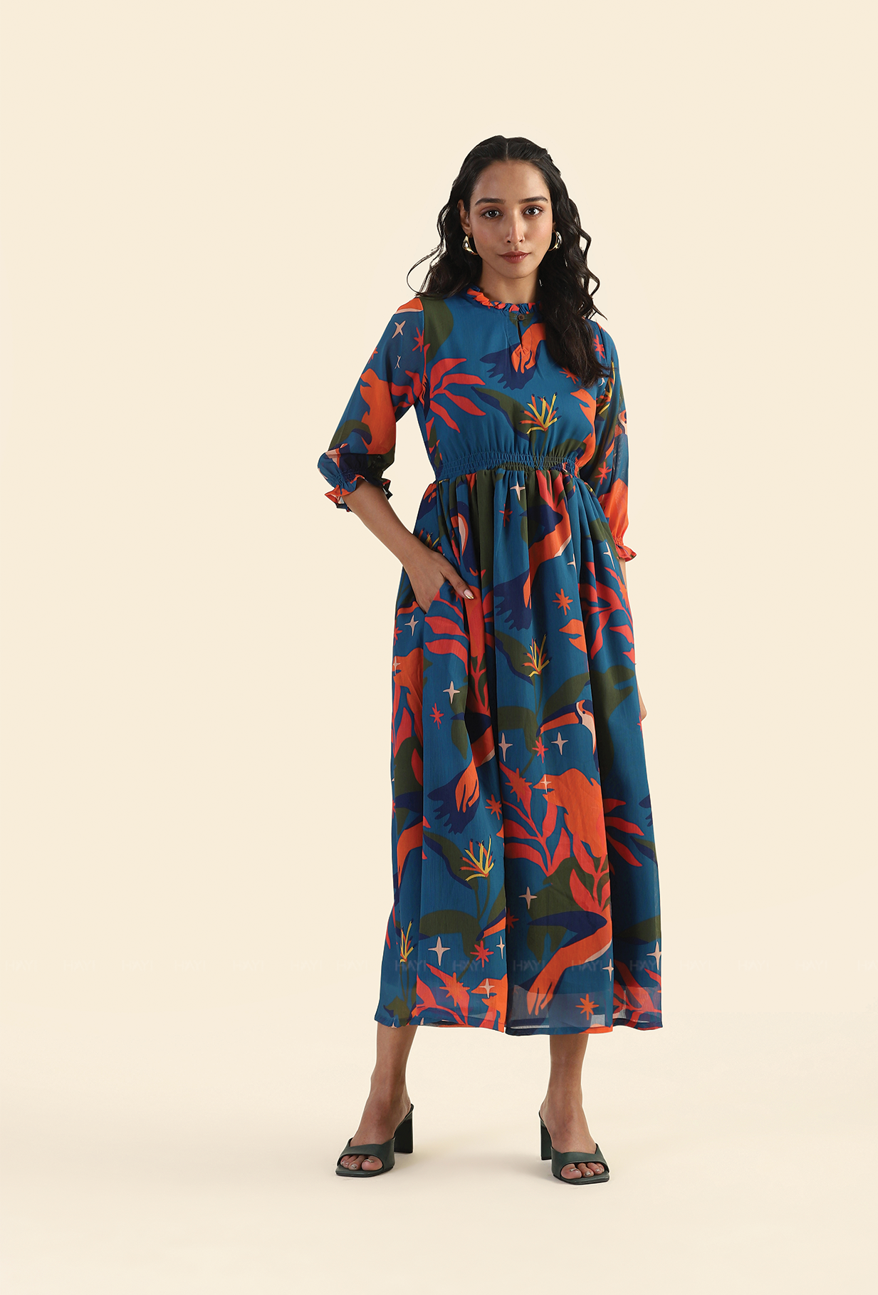 Jungle Blue Fluttering Wings Lux Georgette Printed Dress