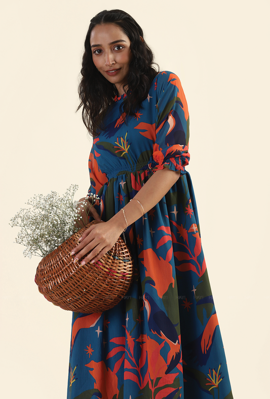 Jungle Blue Fluttering Wings Lux Georgette Printed Dress