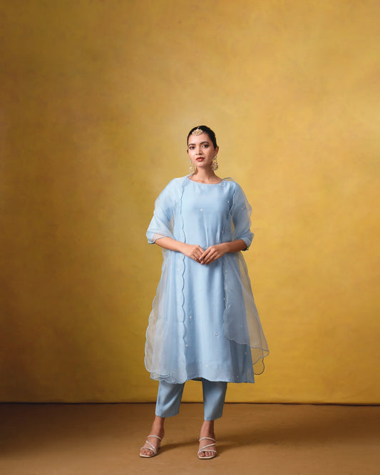 Aura Light Blue Suit Set with Hand Embroidery and Organza Dupatta