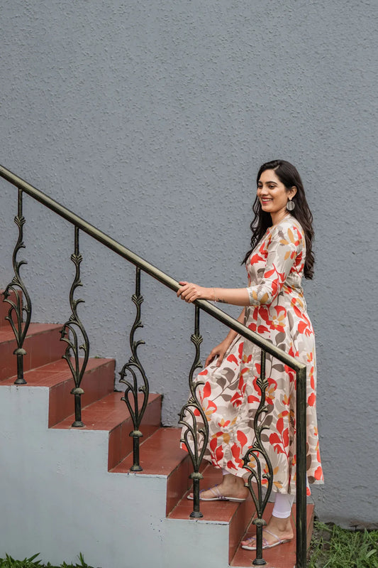 Beige Meticulous Abstract Viscose Printed A-line Dress