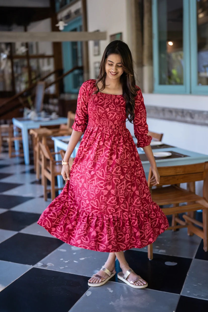 Red Cupids Heart Smock Viscose Printed Dress
