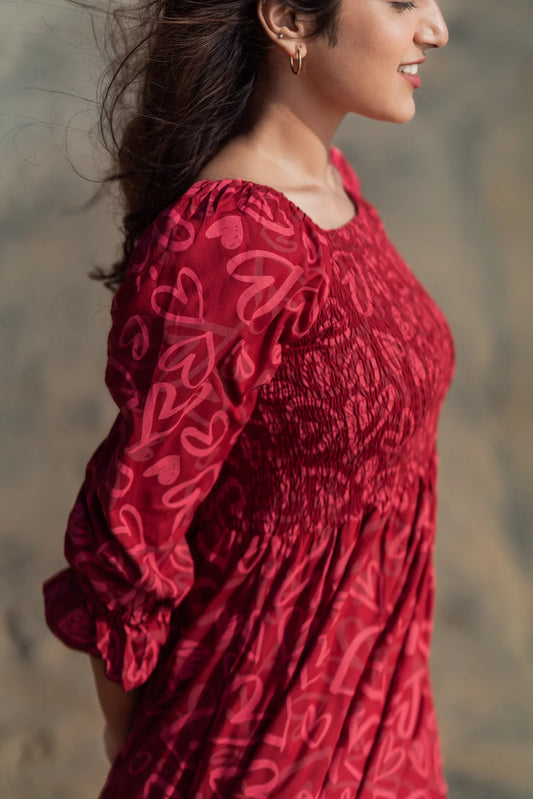 Red Cupids Heart Smock Viscose Printed Dress