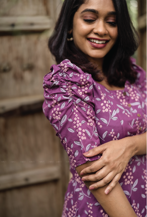 Deep Purple Cherry Plums Viscose Printed Dress