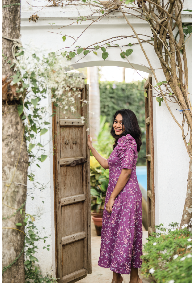 Deep Purple Cherry Plums Viscose Printed Dress