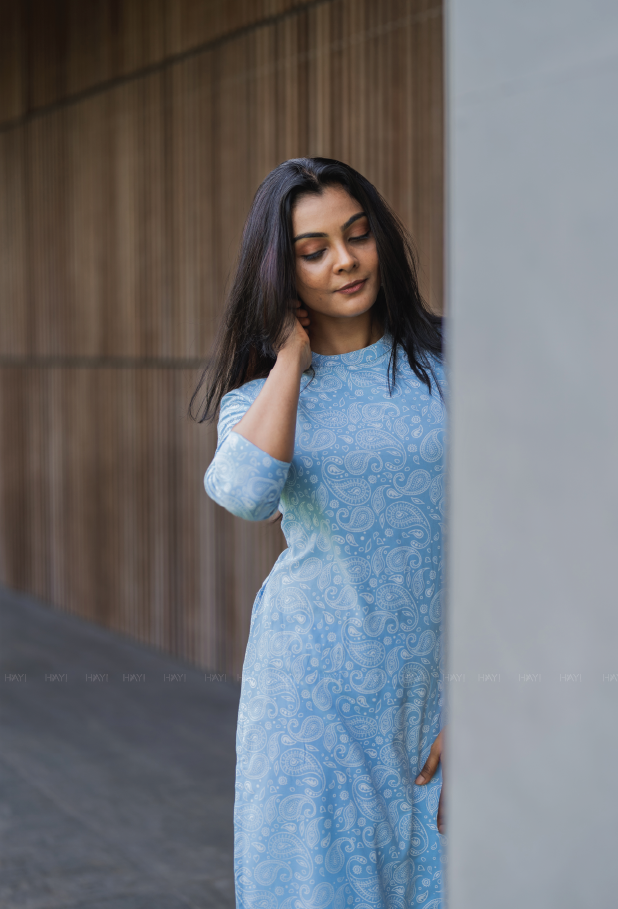 Serene Blue Bella's Paisley Viscose Printed Kurta
