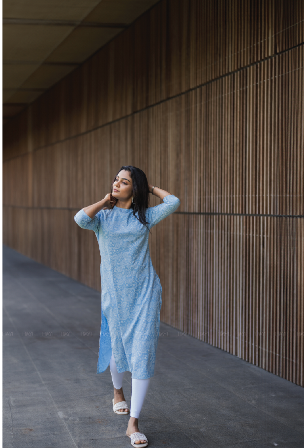 Serene Blue Bella's Paisley Viscose Printed Kurta