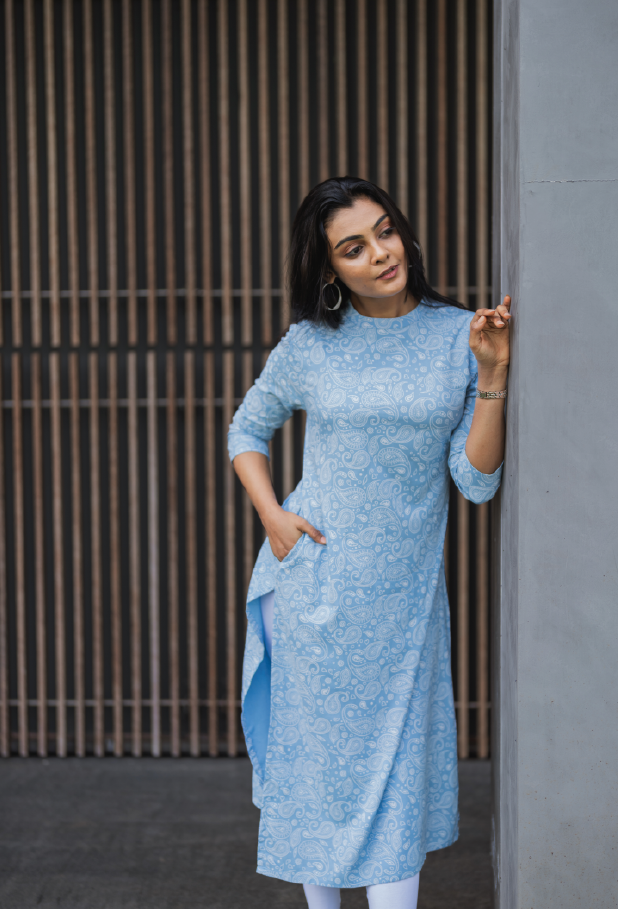 Serene Blue Bella's Paisley Viscose Printed Kurta